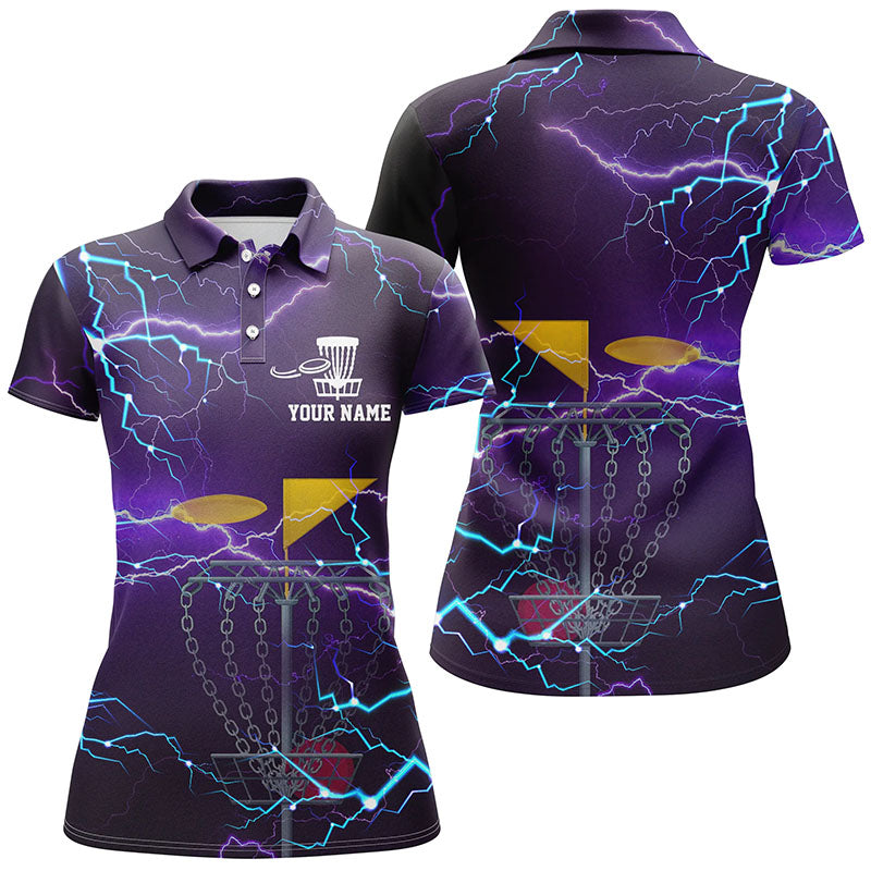 Womens disc golf polo shirt custom purple lightning disc golf basket disco golf outfit for women NQS6064
