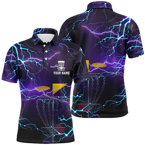 Mens disc golf polo shirts custom purple lightning disc golf basket disco golf outfit NQS6064