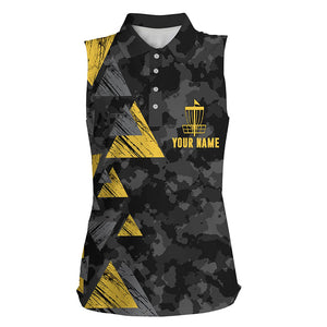 Yellow triangle and black camo Women sleeveless polo shirt custom disc golf outfit for women NQS6290