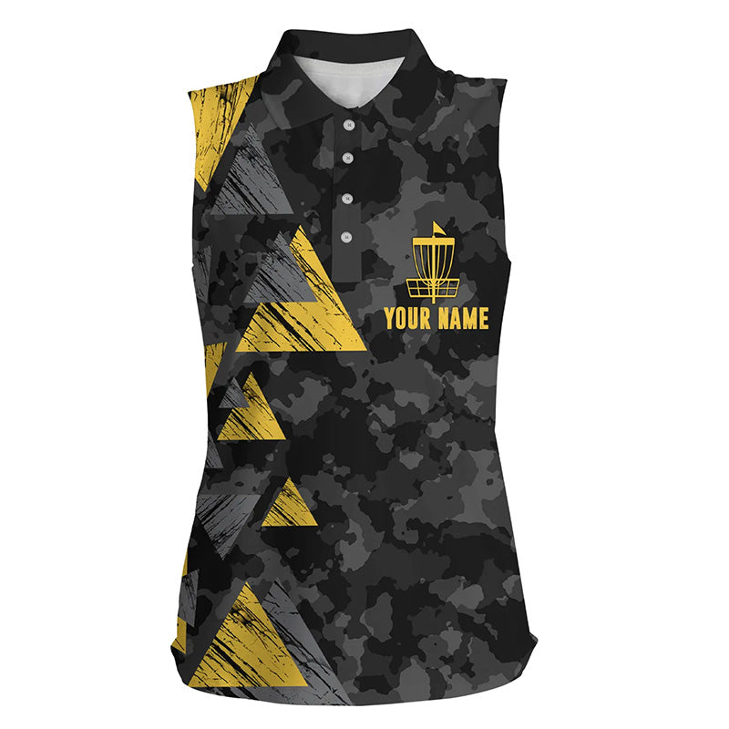 Yellow triangle and black camo Women sleeveless polo shirt custom disc golf outfit for women NQS6290