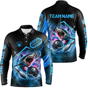 Personalized Black and Blue Angry Shark Bowling shirt for Men Custom Team's Name Bowler Jersey NQS8845