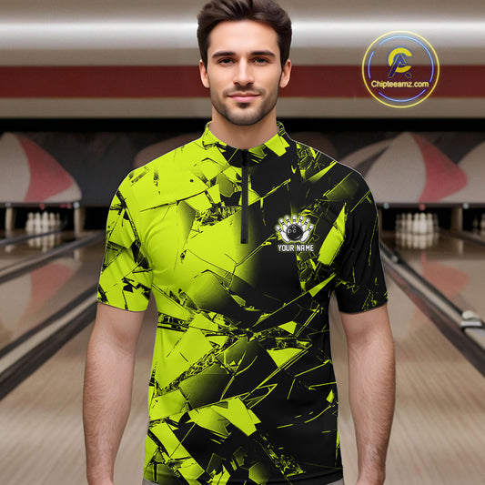 Custom Broken Glass Black and Green Neon Bowling Shirts For Men, Bowling Team League Jerseys NQS11174