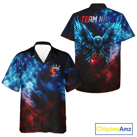 Smoke American Flag Eagle Bowling Button up Shirt Custom patriotic Hawaiian Bowling Team Jersey NQS11179