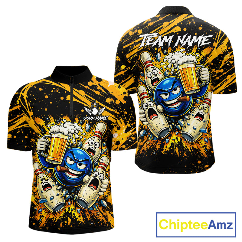 Black and Yellow Funny Bowling and Beer Custom Bowling Shirts For Men, Bowling Team League jerseys NQS11587