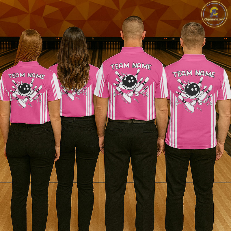 Custom Retro Pink Bowling Polo Shirts, Bowling 1/4 zip jersey For Men, Team Bowling League jerseys NQS11589