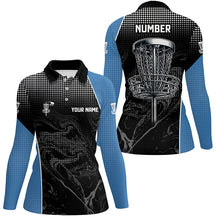 Load image into Gallery viewer, Black camo Women disc golf polo shirts custom team disc golf basket jerseys, unique golf gifts | Blue NQS7408