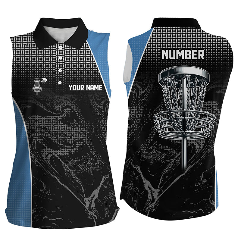 Black camo Women sleeveless disc golf polo shirts custom team disc golf basket jerseys | Blue NQS7408