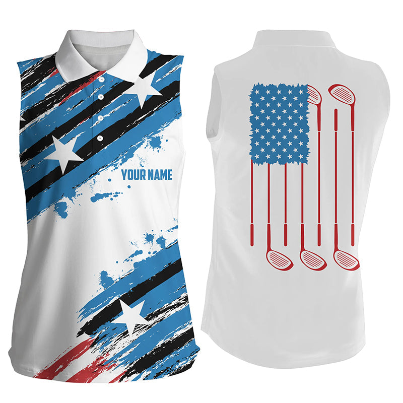 Red white & blue American flag Womens sleeveless polo shirt Custom Patriotic womens golf clothing NQS7739