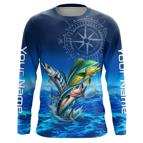 Personalized Mahi Mahi, Wahoo, Tuna Blue Performance Fishing Shirt, compass offshore tournament Shirts NQS5866