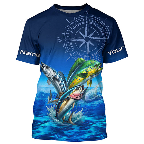 Personalized Mahi Mahi, Wahoo, Tuna Blue Performance Fishing Shirt, compass offshore tournament Shirts NQS5866