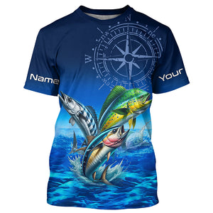 Personalized Mahi Mahi, Wahoo, Tuna Blue Performance Fishing Shirt, compass offshore tournament Shirts NQS5866