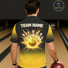 Load image into Gallery viewer, Personalized black &amp; yellow bowling button-up shirt lightning thunder custom bowling hawaiian shirt NQS11377