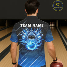 Load image into Gallery viewer, Black and blue shark bowling hawaiian shirt custom lightning thunder bowling button up shirt NQS11378