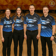 Load image into Gallery viewer, Black and blue shark bowling shirt for women custom lightning thunder bowling polo, quarter zip shirt NQS11378