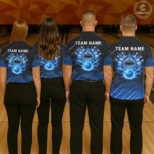 Load image into Gallery viewer, Black and blue shark bowling shirt for women custom lightning thunder bowling polo, quarter zip shirt NQS11378