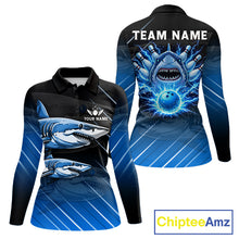 Load image into Gallery viewer, Black and blue shark bowling shirt for women custom lightning thunder bowling polo, quarter zip shirt NQS11378