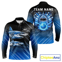 Load image into Gallery viewer, Black and blue shark bowling shirt for men custom lightning thunder bowling polo, quarter zip shirts NQS11378
