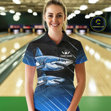 Load image into Gallery viewer, Black and blue shark bowling shirt for women custom lightning thunder bowling polo, quarter zip shirt NQS11378