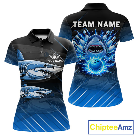 Black and blue shark bowling shirt for women custom lightning thunder bowling polo, quarter zip shirt NQS11378