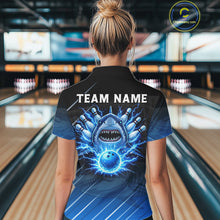 Load image into Gallery viewer, Black and blue shark bowling shirt for women custom lightning thunder bowling polo, quarter zip shirt NQS11378