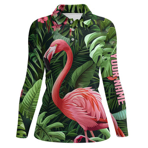 Pink Flamingo Green Tropical Pattern Women Golf Polo Shirts Custom golf attire for ladies, Golf Gifts NQS7743