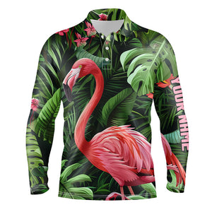 Pink Flamingo Green Tropical Pattern Mens Golf Polo Shirts Custom golf attire for men, Golf Gifts NQS7743