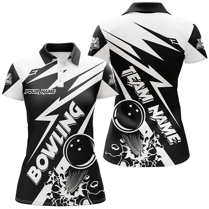 Black and white bowling Polo, Quarter Zip shirts for women Custom Bowling Team League Jerseys NQS7748