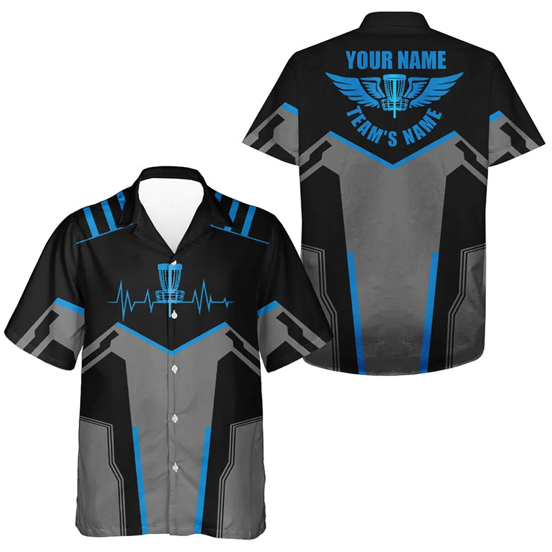 Black Hawaiian shirt custom disc golf heartbeat golf shirt for men, disco golf outfit | Blue NQS6303
