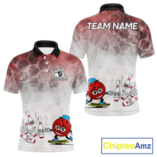 Funny Bowling Polo Shirts For Men, 1/4 zip shirts Custom Bowling Team Jerseys Gift For Bowler | Red NQS11388