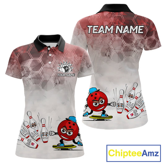 Funny Bowling Polo Shirts For Women, 1/4 zip shirts Custom Bowling Team Jerseys Gift For Bowler | Red NQS11388