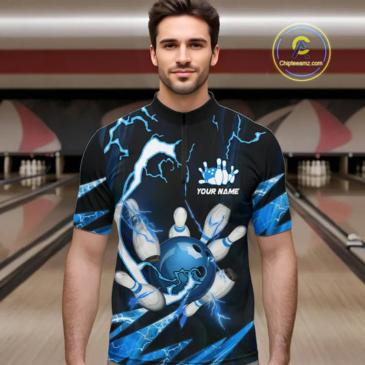 Blue Thunder Lightning bowling ball and pins jerseys Custom Team Bowling Polo, 1/4 Zip Shirts For Men NQS9831