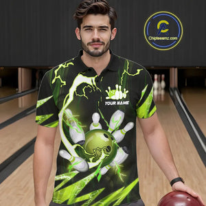 Green Thunder Lightning bowling ball and pins jerseys Custom Team Bowling Polo, 1/4 Zip Shirts For Men NQS9832