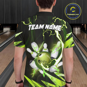 Green Thunder Lightning bowling ball and pins jerseys Custom Team Bowling Polo, 1/4 Zip Shirts For Men NQS9832