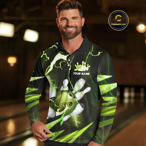 Green Thunder Lightning bowling ball and pins jerseys Custom Team Bowling Polo, 1/4 Zip Shirts For Men NQS9832