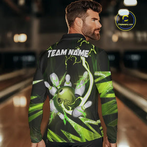 Green Thunder Lightning bowling ball and pins jerseys Custom Team Bowling Polo, 1/4 Zip Shirts For Men NQS9832