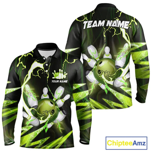 Green Thunder Lightning bowling ball and pins jerseys Custom Team Bowling Polo, 1/4 Zip Shirts For Men NQS9832