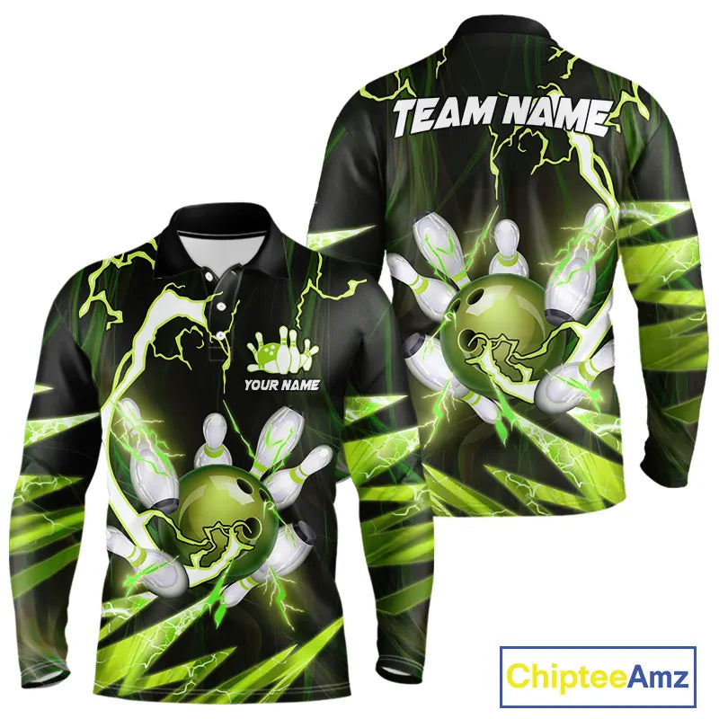 Green Thunder Lightning bowling ball and pins jerseys Custom Team Bowling Polo, 1/4 Zip Shirts For Men NQS9832