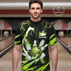 Green Thunder Lightning bowling ball and pins jerseys Custom Team Bowling Polo, 1/4 Zip Shirts For Men NQS9832