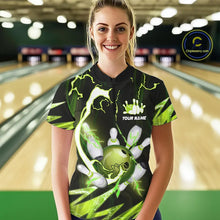 Load image into Gallery viewer, Green Thunder Lightning bowling ball and pins jersey Custom Team Bowling Polo, 1/4 Zip Shirt For Women NQS9832