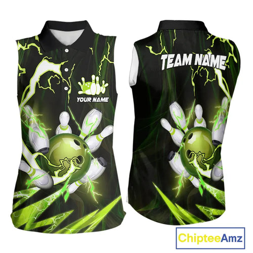Green Thunder Lightning bowling ball and pins jersey Custom Team Bowling Sleeveless Polo Shirt NQS9832
