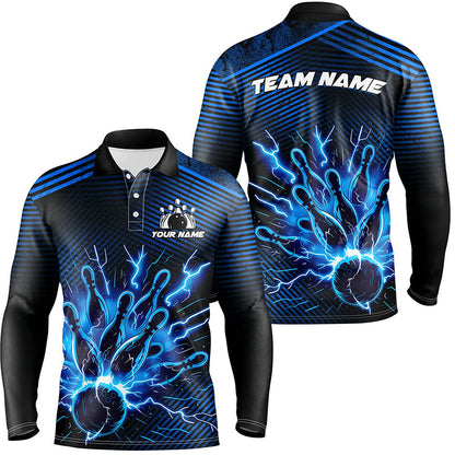 Blue lightning thunder bowling Polo, Quarter Zip shirts for men Custom Bowling Team League Jerseys NQS7750