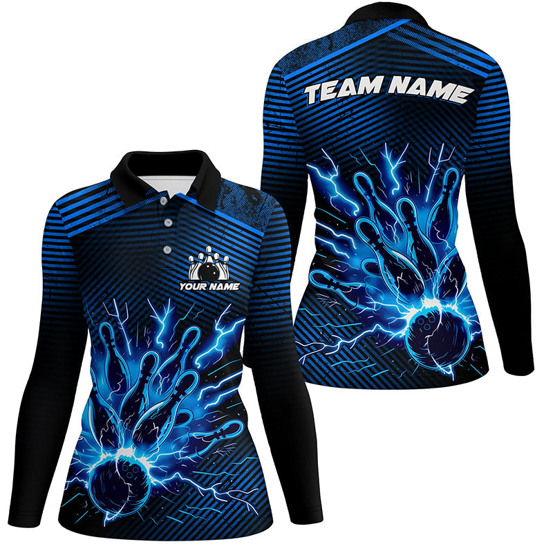 Blue lightning thunder bowling Polo, Quarter Zip shirts for women Custom Bowling Team League Jerseys NQS7750
