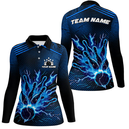 Blue lightning thunder bowling Polo, Quarter Zip shirts for women Custom Bowling Team League Jerseys NQS7750