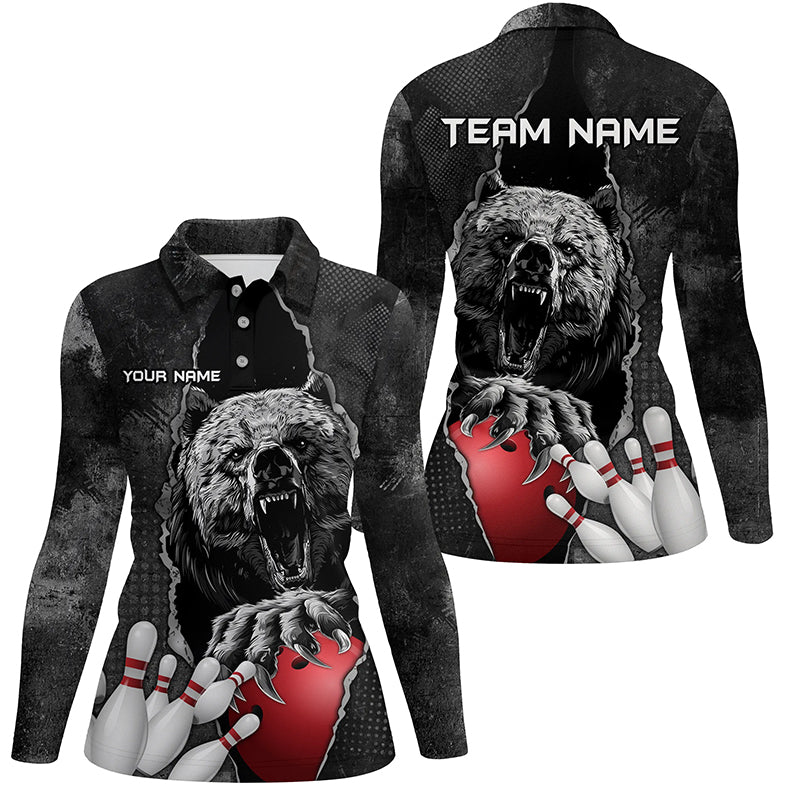 Black Bear grunge pattern Custom Women Bowling Polo, Quarter Zip Shirts Bowling Team Jerseys Outfits NQS7753