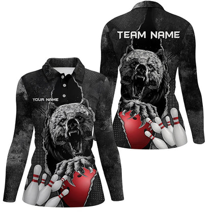 Black Bear grunge pattern Custom Women Bowling Polo, Quarter Zip Shirts Bowling Team Jerseys Outfits NQS7753