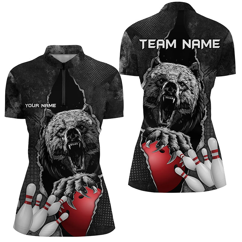 Black Bear grunge pattern Custom Women Bowling Polo, Quarter Zip Shirts Bowling Team Jerseys Outfits NQS7753