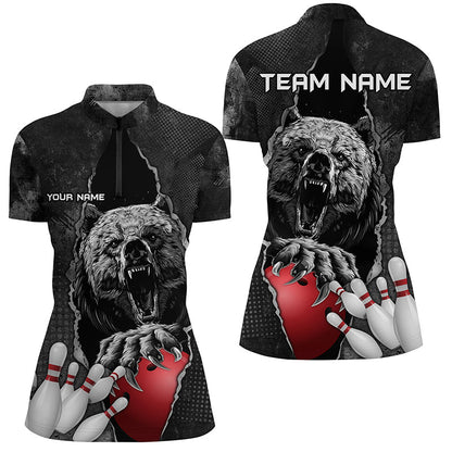 Black Bear grunge pattern Custom Women Bowling Polo, Quarter Zip Shirts Bowling Team Jerseys Outfits NQS7753