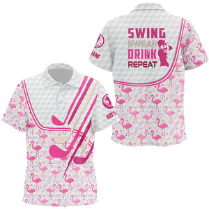 Personalized pink flamingo pattern golf clubs polo shirt for kid custom swing, swear, drink, repeat NQS7757