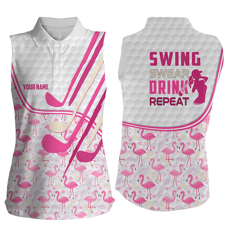 Custom pink flamingo pattern golf clubs Sleeveless polo shirt for women swing, swear, drink, repeat NQS7757