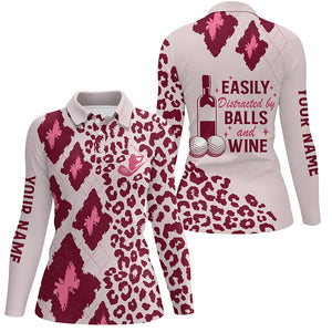 Womens golf polo shirts custom pink leopard argyle easily distracted by balls and wine golf attire NQS6079